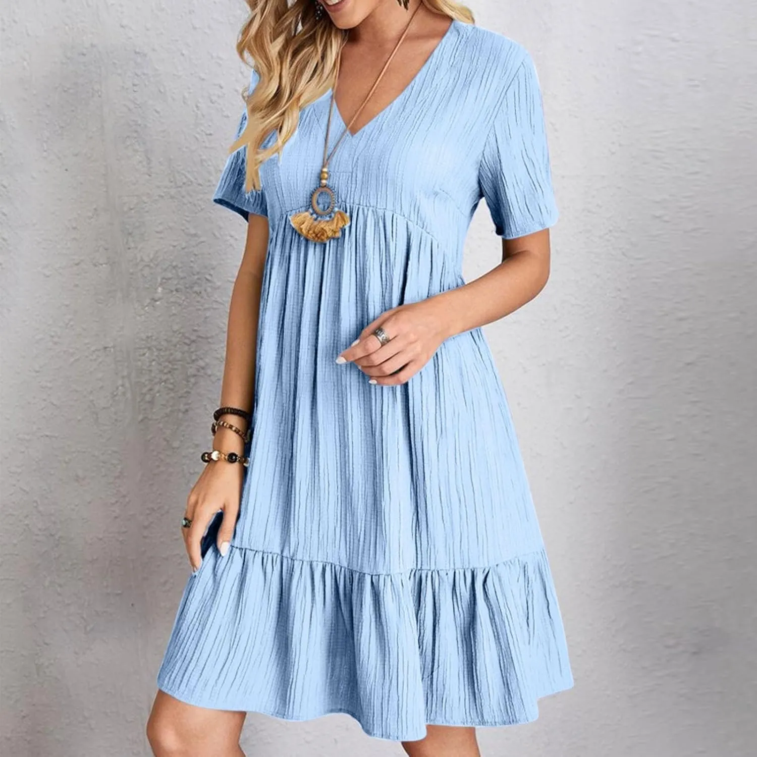 Summer Dresses for Women 2025 Pleated Tiered A Line Flowy Midi Dress Ladies Casual Fashion Short Sleeve V Neck Sundresses