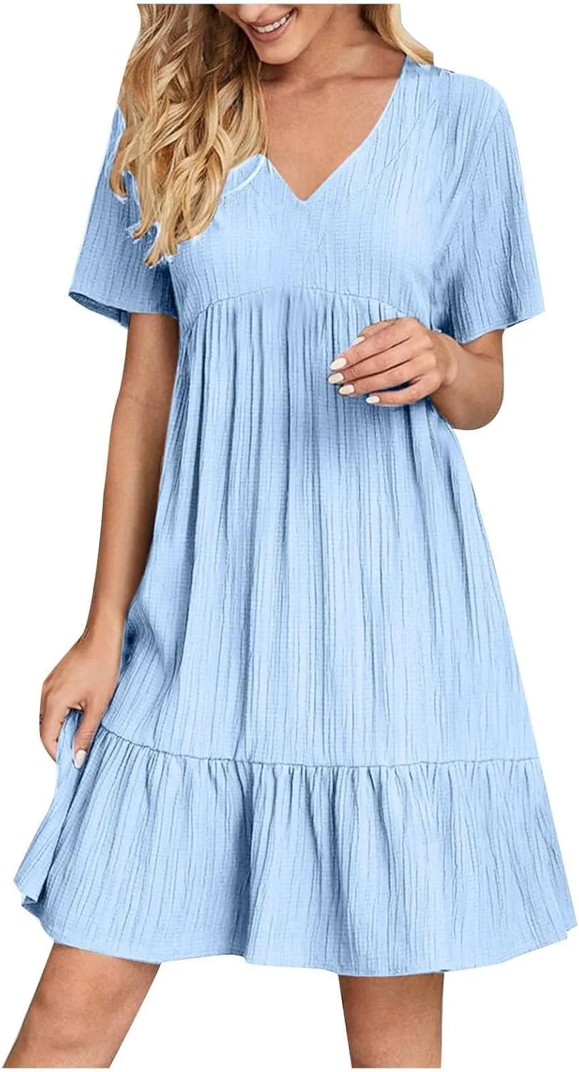 Summer Dresses for Women 2025 Pleated Tiered A Line Flowy Midi Dress Ladies Casual Fashion Short Sleeve V Neck Sundresses