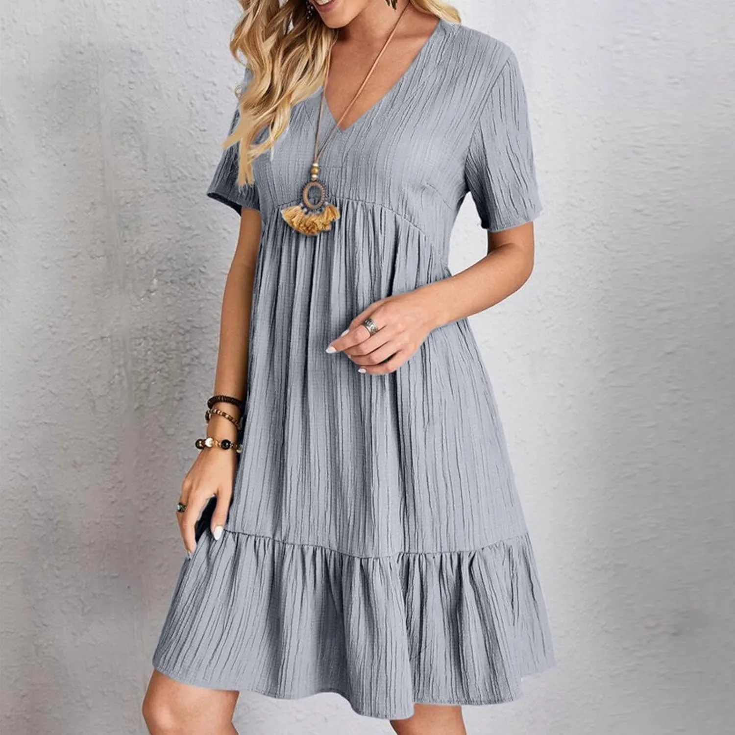 Summer Dresses for Women 2025 Pleated Tiered A Line Flowy Midi Dress Ladies Casual Fashion Short Sleeve V Neck Sundresses