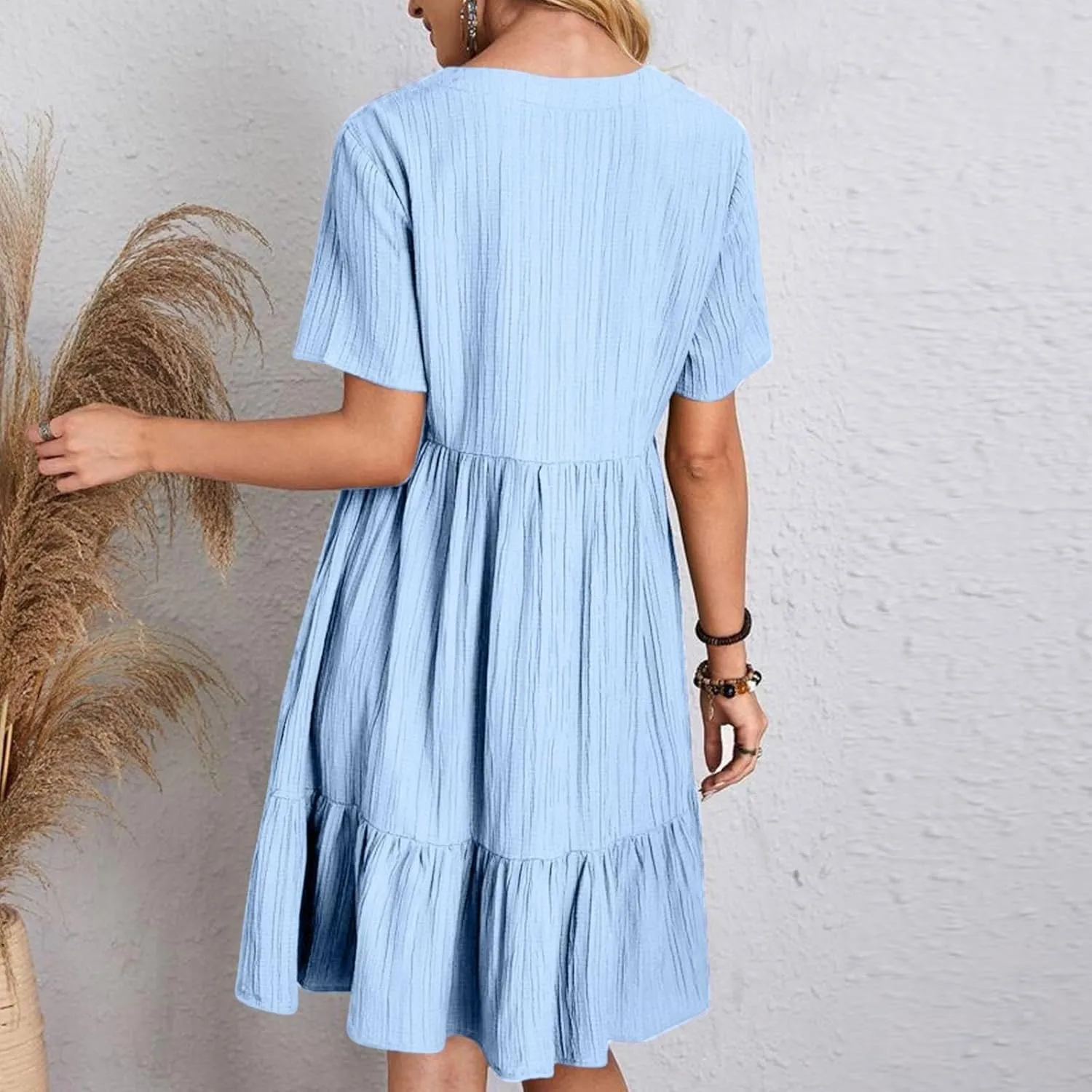 Summer Dresses for Women 2025 Pleated Tiered A Line Flowy Midi Dress Ladies Casual Fashion Short Sleeve V Neck Sundresses