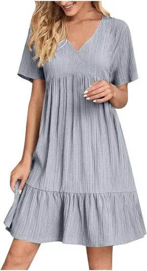 Summer Dresses for Women 2025 Pleated Tiered A Line Flowy Midi Dress Ladies Casual Fashion Short Sleeve V Neck Sundresses