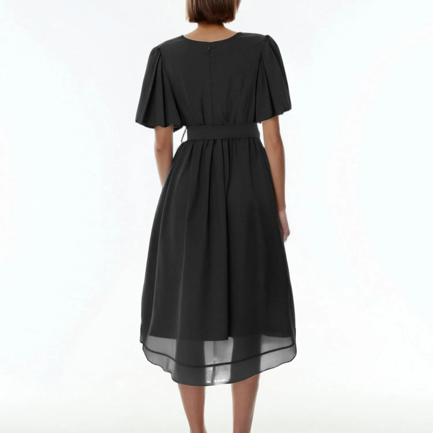 Summer Dresses for Women 2025 V Neck Chiffon Short Sleeve Midi Dress Empire Waist Casual Loose Fit A Line Dress