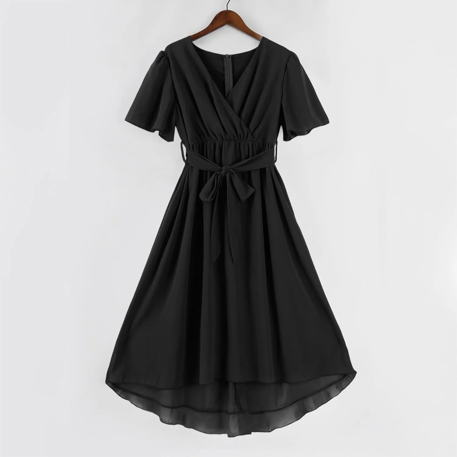 Summer Dresses for Women 2025 V Neck Chiffon Short Sleeve Midi Dress Empire Waist Casual Loose Fit A Line Dress