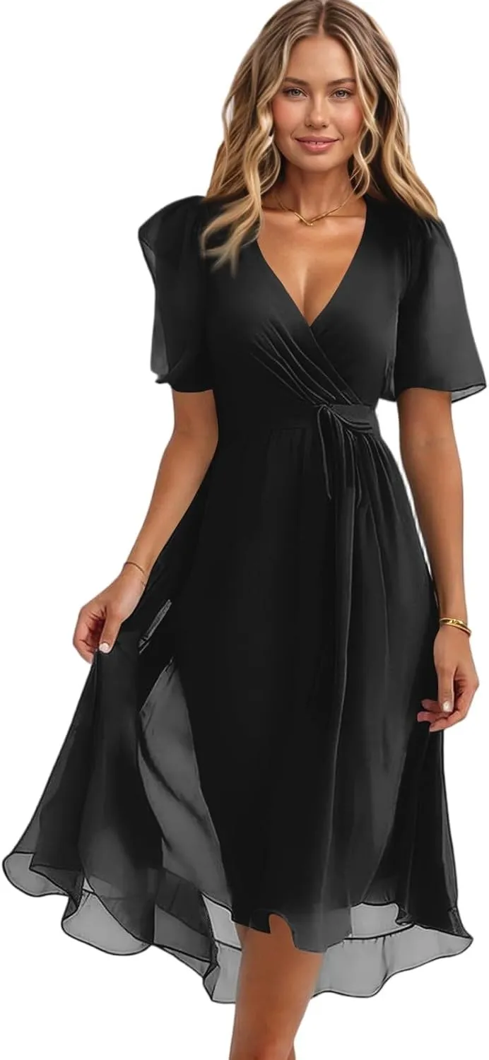 Summer Dresses for Women 2025 V Neck Chiffon Short Sleeve Midi Dress Empire Waist Casual Loose Fit A Line Dress