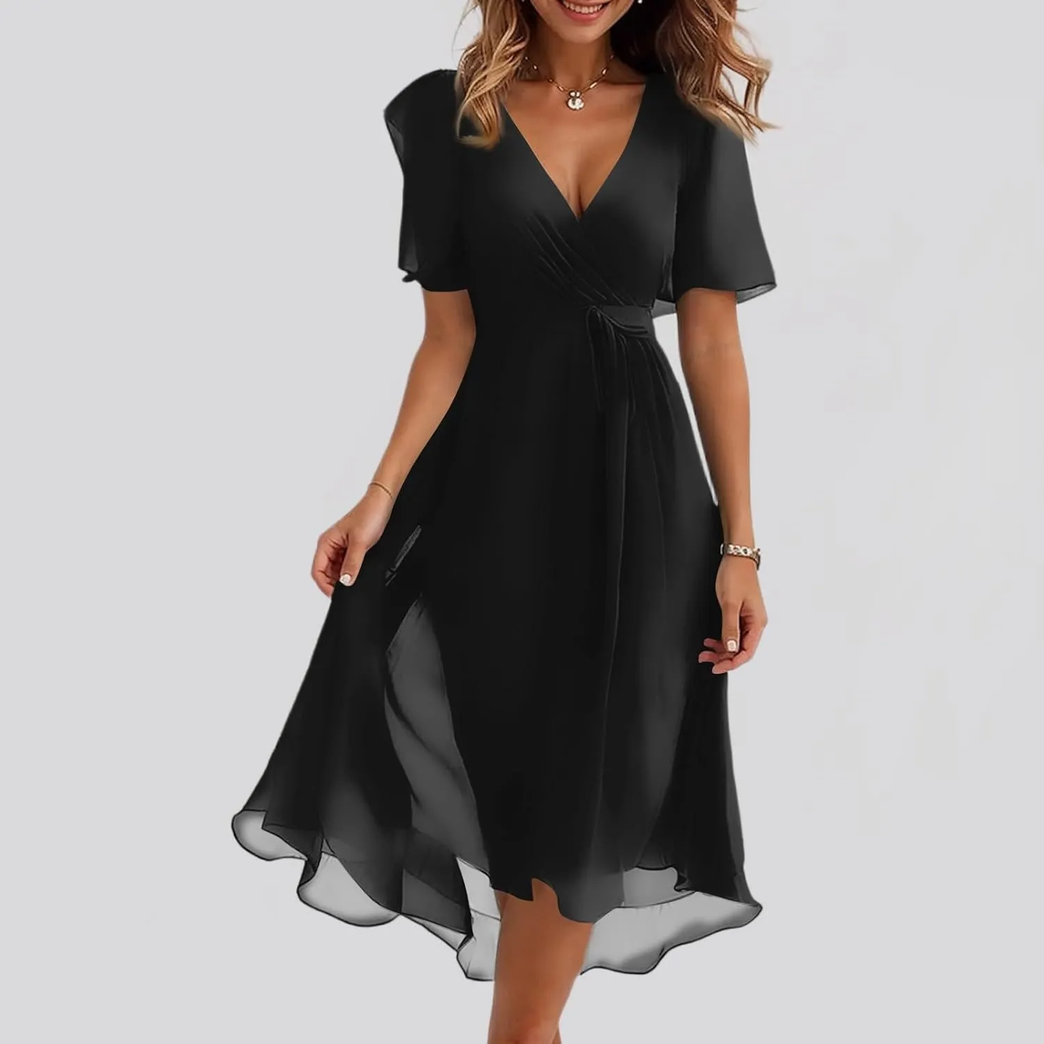 Summer Dresses for Women 2025 V Neck Chiffon Short Sleeve Midi Dress Empire Waist Casual Loose Fit A Line Dress