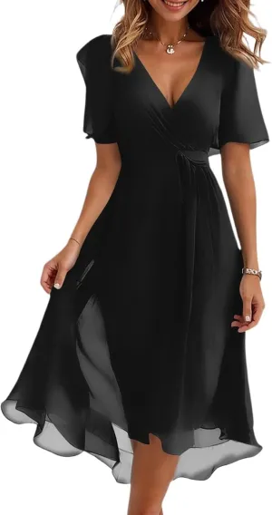 Summer Dresses for Women 2025 V Neck Chiffon Short Sleeve Midi Dress Empire Waist Casual Loose Fit A Line Dress