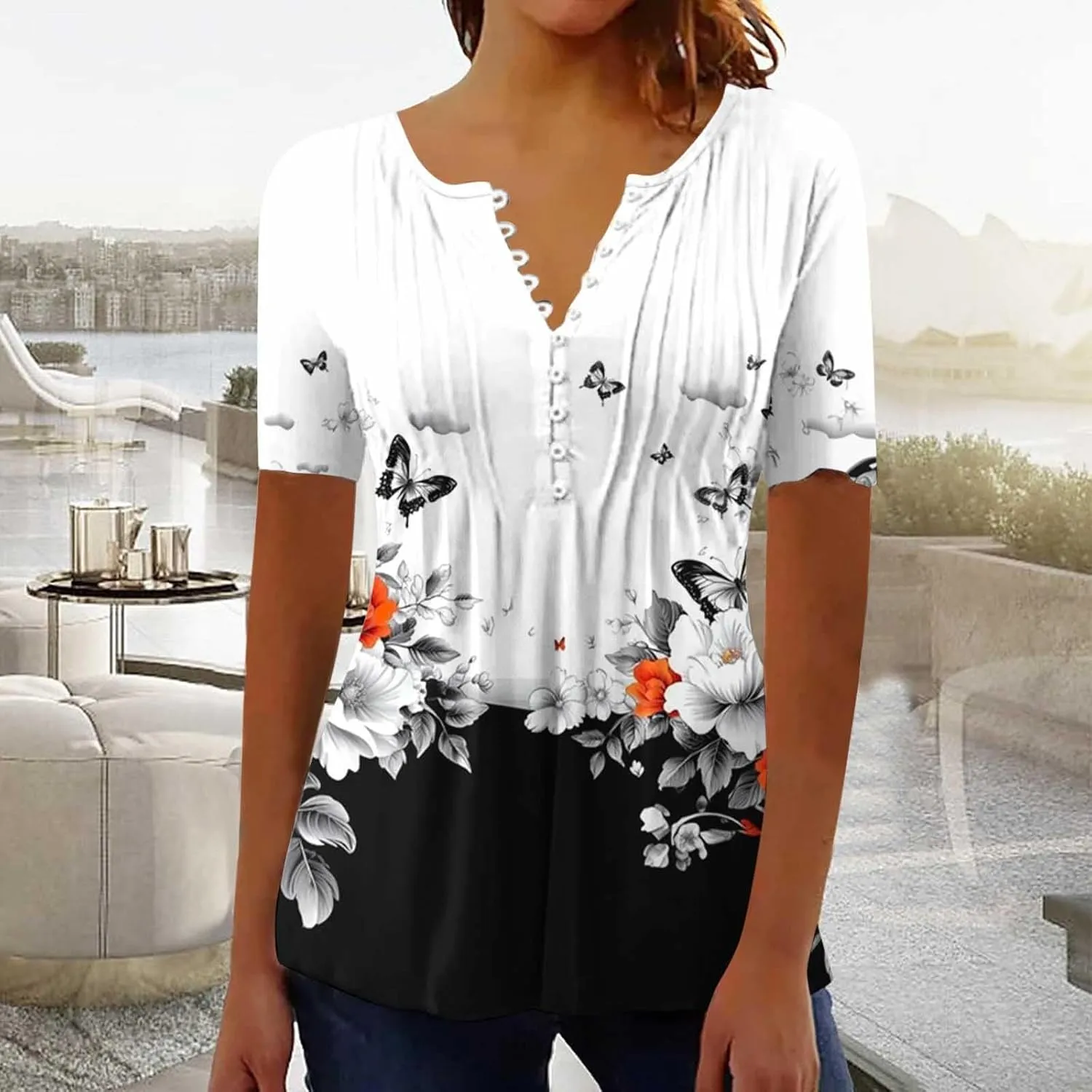 Summer Tops for Women 2025 Trendy Boho Floral Print Tunic Shirts Short Sleeve Button v Neck Tshirt Casual Loose Blouse