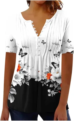 Summer Tops for Women 2025 Trendy Boho Floral Print Tunic Shirts Short Sleeve Button v Neck Tshirt Casual Loose Blouse