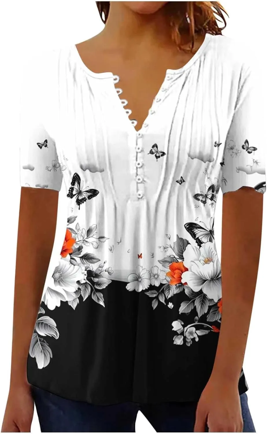 Summer Tops for Women 2025 Trendy Boho Floral Print Tunic Shirts Short Sleeve Button v Neck Tshirt Casual Loose Blouse
