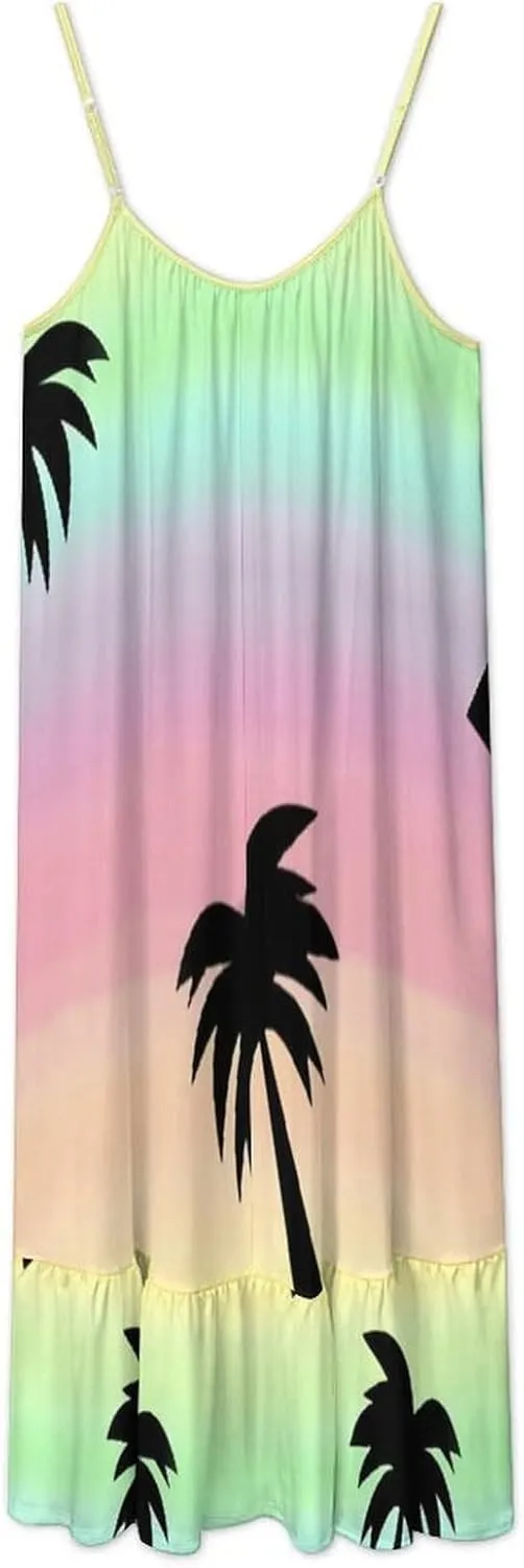 Summer Women's Suspender Long Skirt Women's Fashion Holiday Casual Dress Rainbow Coconut Tree Pattern Camisole Skirt