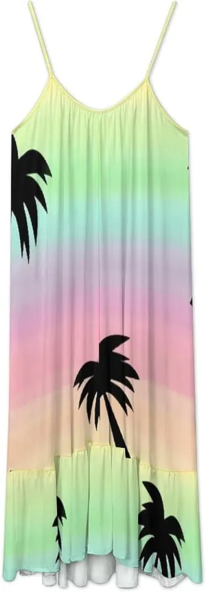 Summer Women's Suspender Long Skirt Women's Fashion Holiday Casual Dress Rainbow Coconut Tree Pattern Camisole Skirt