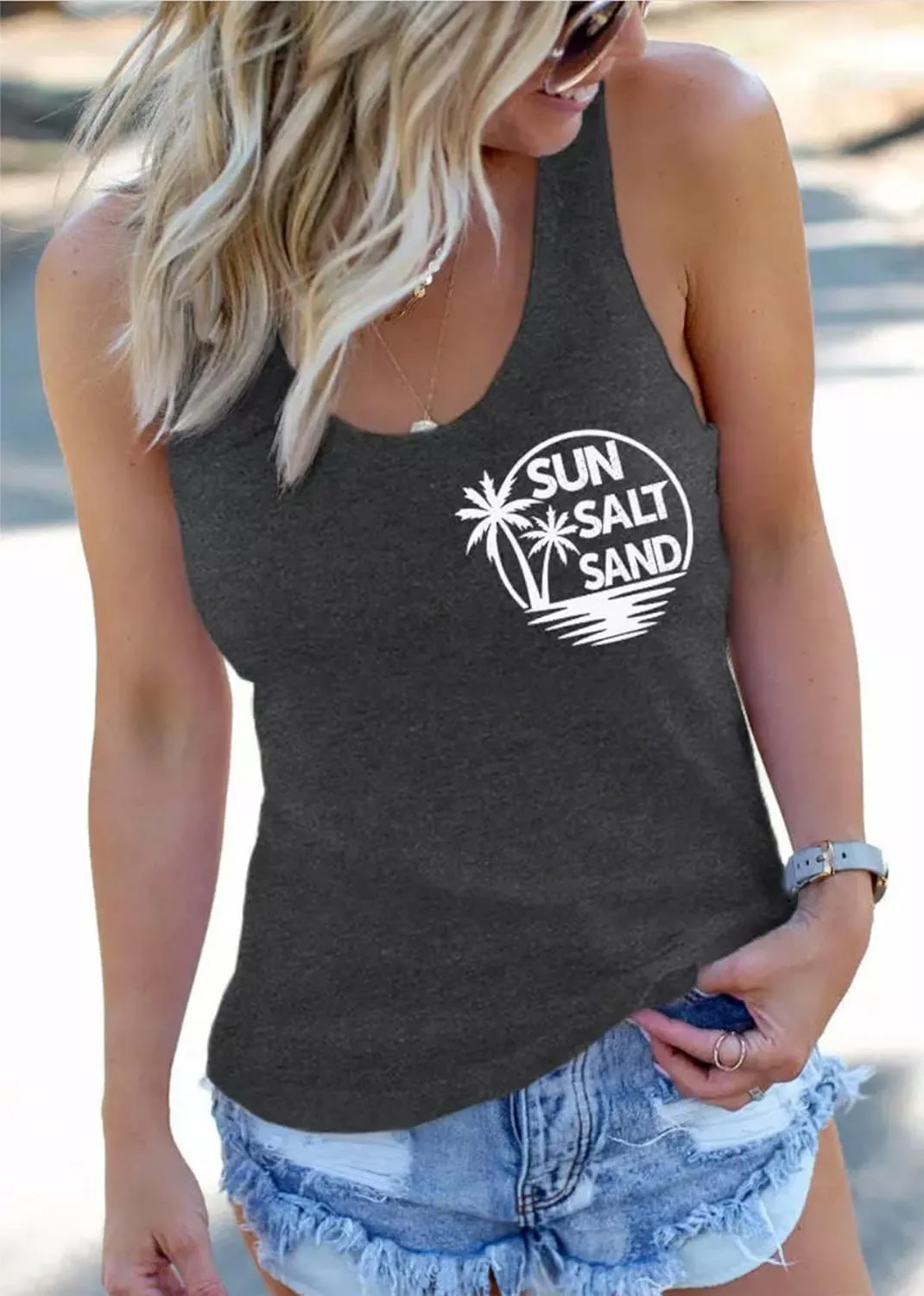 Sun Salt Sand Racerback Tops for Women Coconut Tree Graphic Tank Shirt Summer Beach Casual Vacation Tops Cami