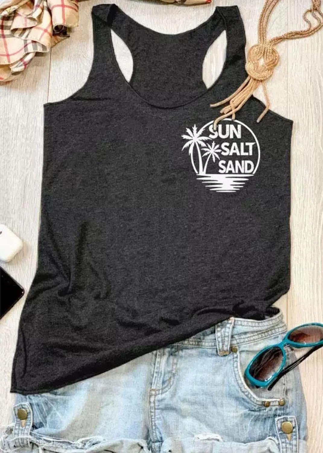 Sun Salt Sand Racerback Tops for Women Coconut Tree Graphic Tank Shirt Summer Beach Casual Vacation Tops Cami