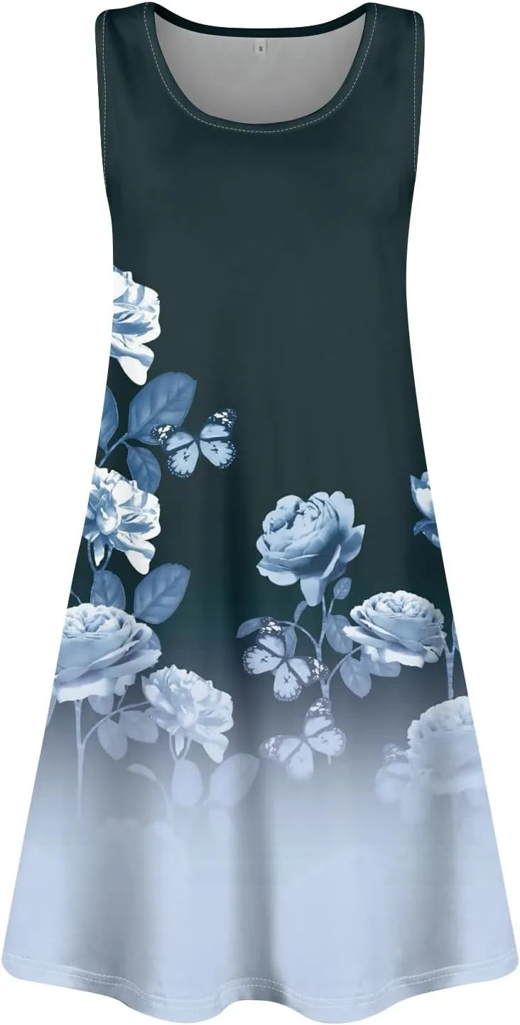Sundresses for Women 2025 Sleeveless A Line Tank Short Dress with Pockets Summer Scoop Neck Floral Mini T Shirt Dress