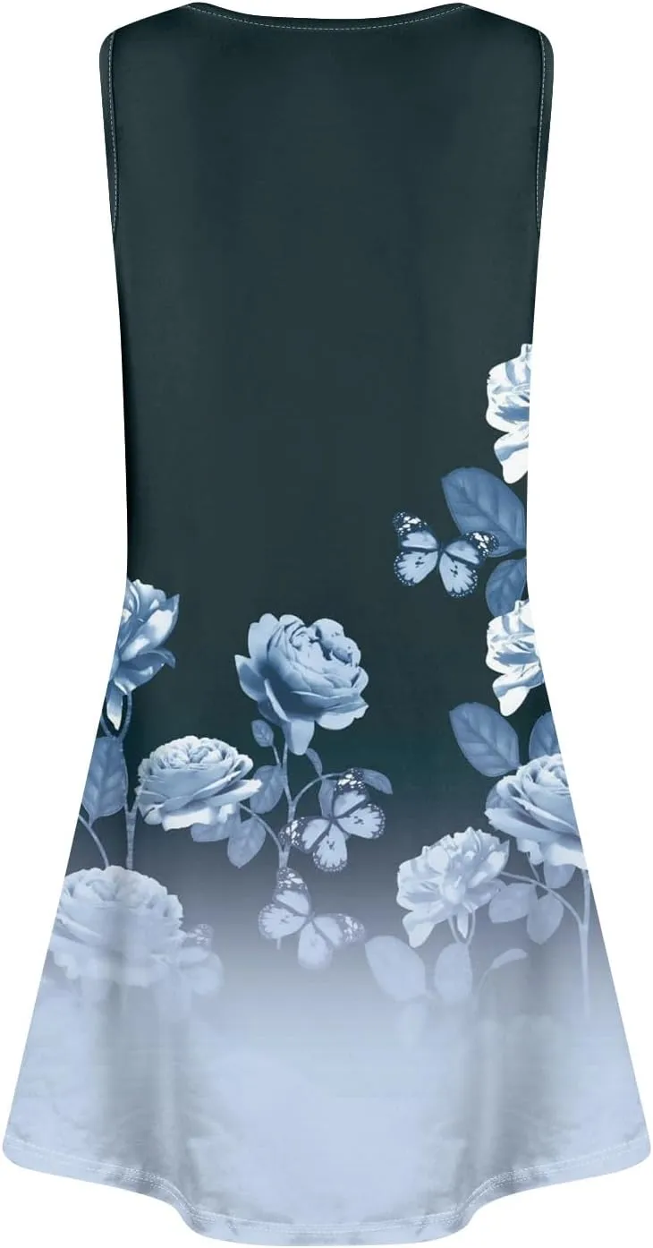 Sundresses for Women 2025 Sleeveless A Line Tank Short Dress with Pockets Summer Scoop Neck Floral Mini T Shirt Dress