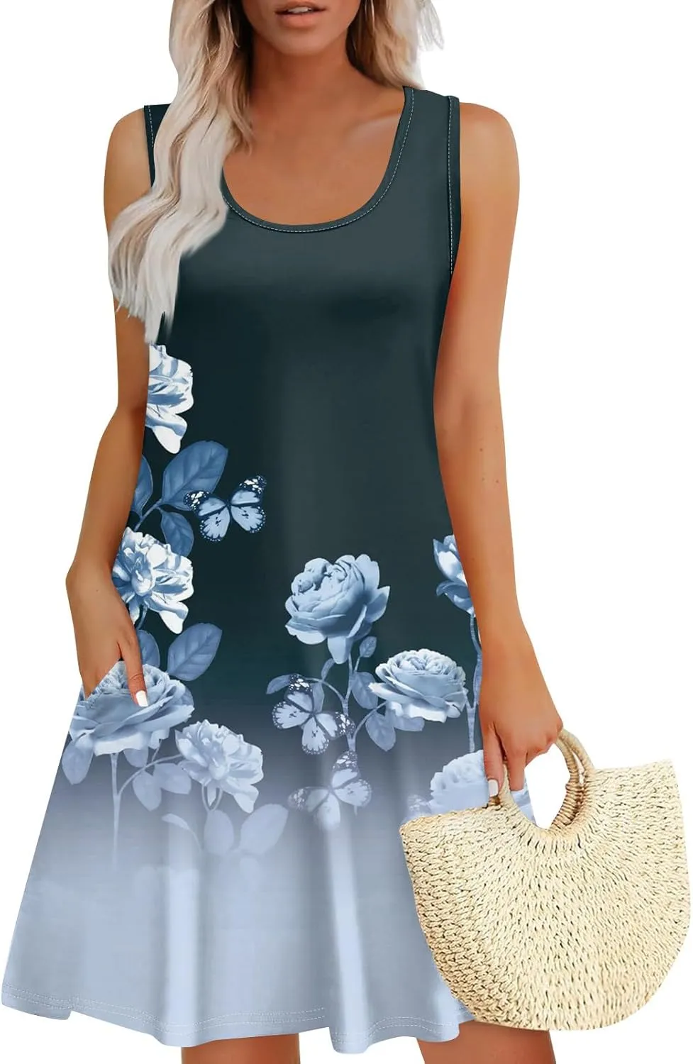 Sundresses for Women 2025 Sleeveless A Line Tank Short Dress with Pockets Summer Scoop Neck Floral Mini T Shirt Dress