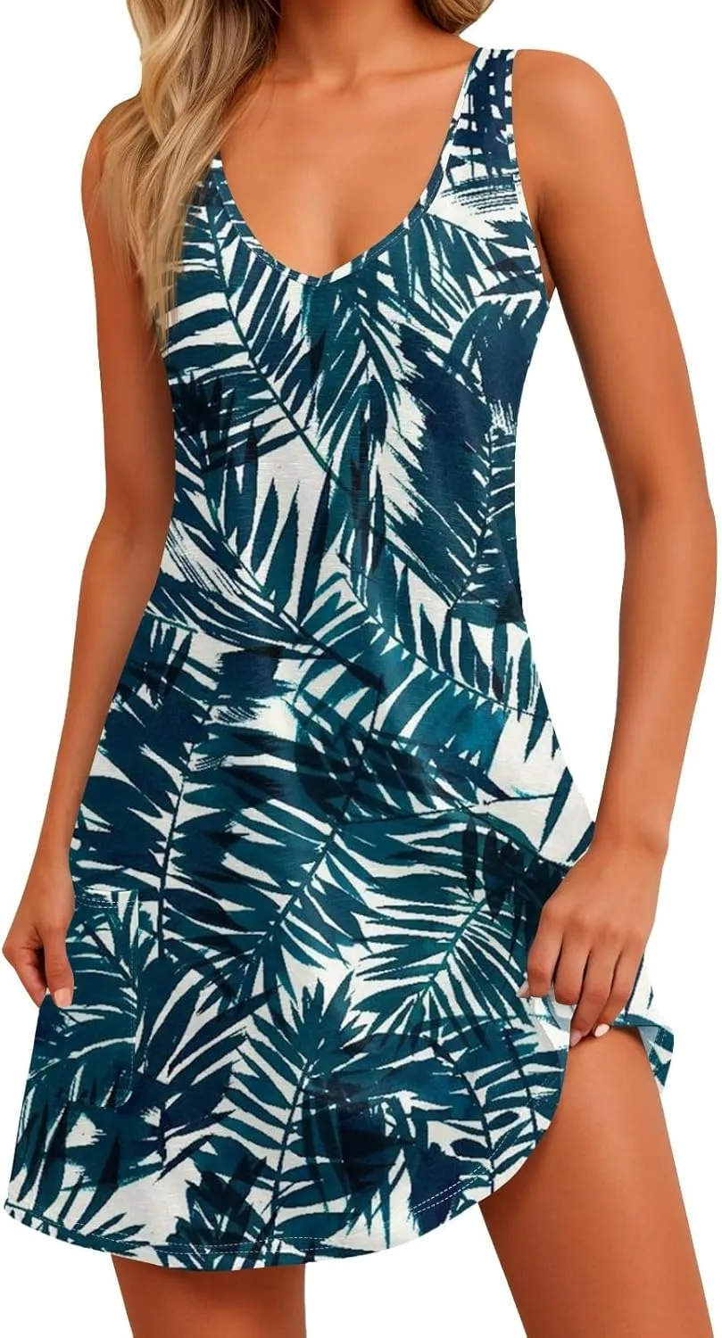 Sundresses for Women Beach Casual Boho V Neck Sleeveless Floral Print Tank Loose Dress