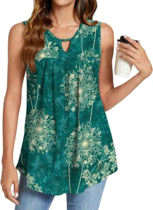 SUNNEGOO Womens Summer Tank Tops Sleeveless Cute Loose Fit Dressy Casual Flowy Blouses Printed Pleated Shirt Trendy Tunic