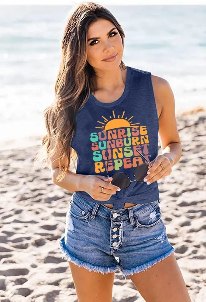 Sunrise Sunburn Sunset Repeat Tank Top for Women Summer Beach Sleeveless T Shirt Casual Graphic Vacation Tops