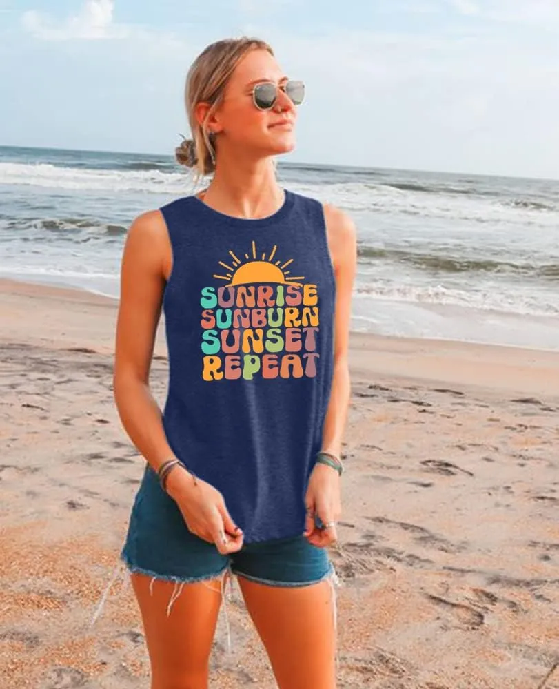 Sunrise Sunburn Sunset Repeat Tank Top for Women Summer Beach Sleeveless T Shirt Casual Graphic Vacation Tops