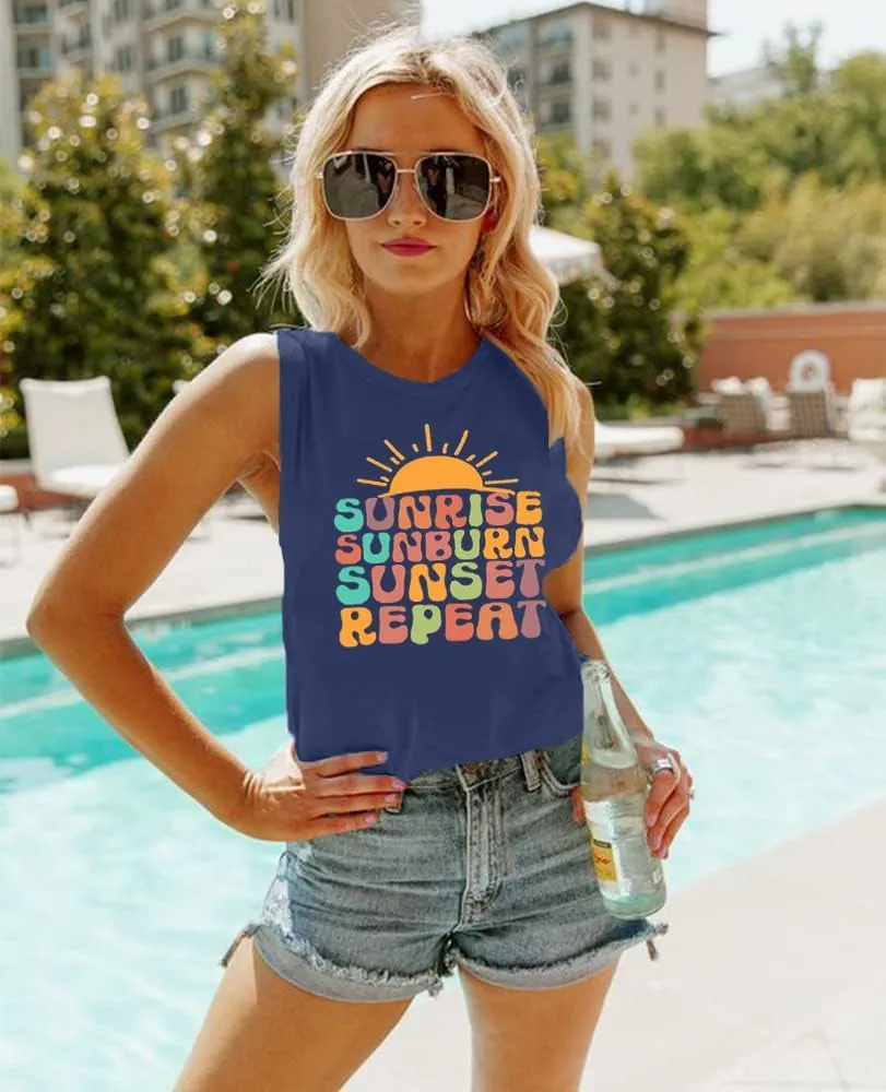 Sunrise Sunburn Sunset Repeat Tank Top for Women Summer Beach Sleeveless T Shirt Casual Graphic Vacation Tops