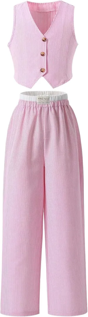 SweatyRocks Girl's Striped Button Down Vest Top and Wide Leg Pants 2 Piece Outfits