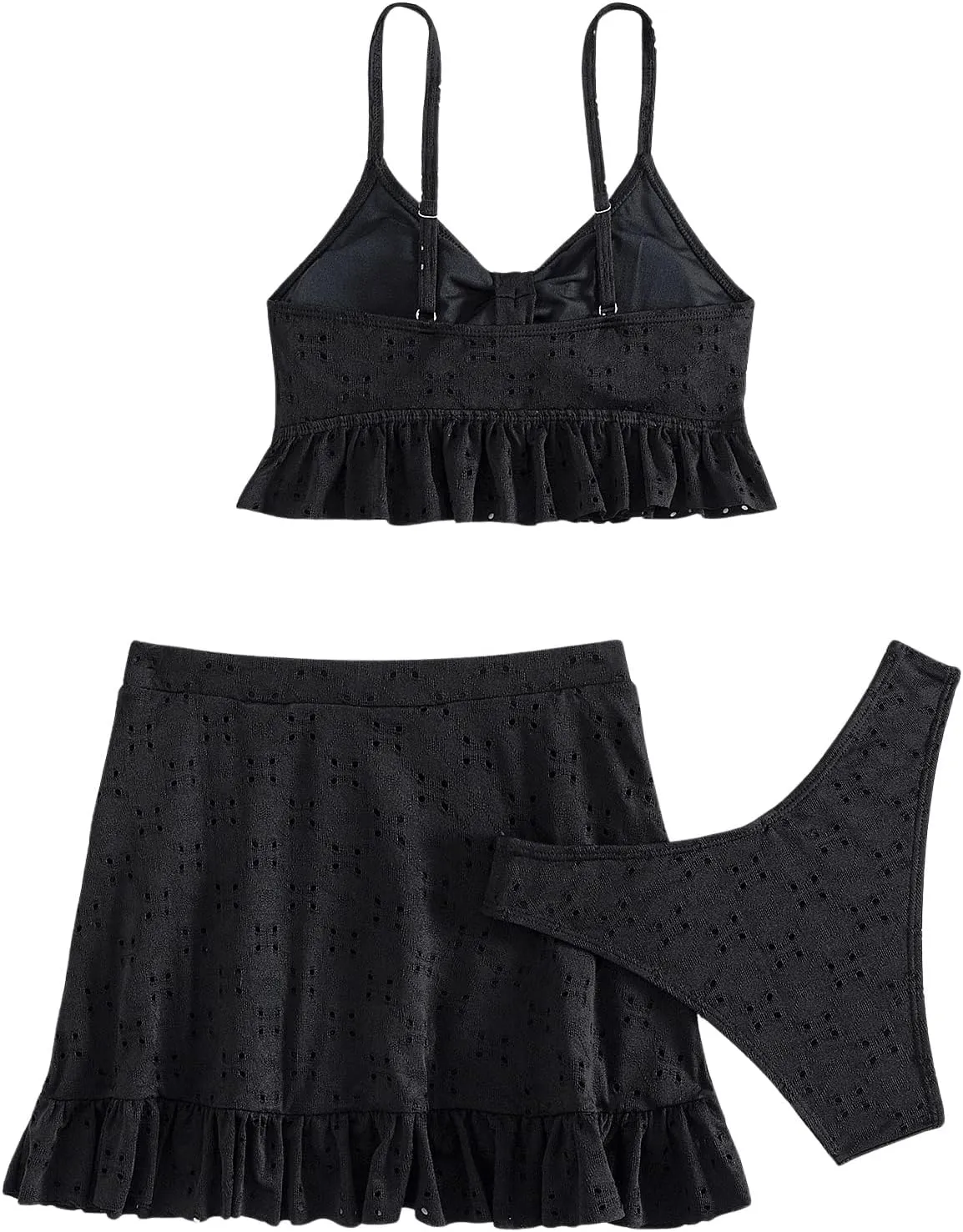 SweatyRocks Women's 3 Piece Bathing Suit Tie Front Ruffle Hem High Cut Bikini Tankini with Beach Skirt