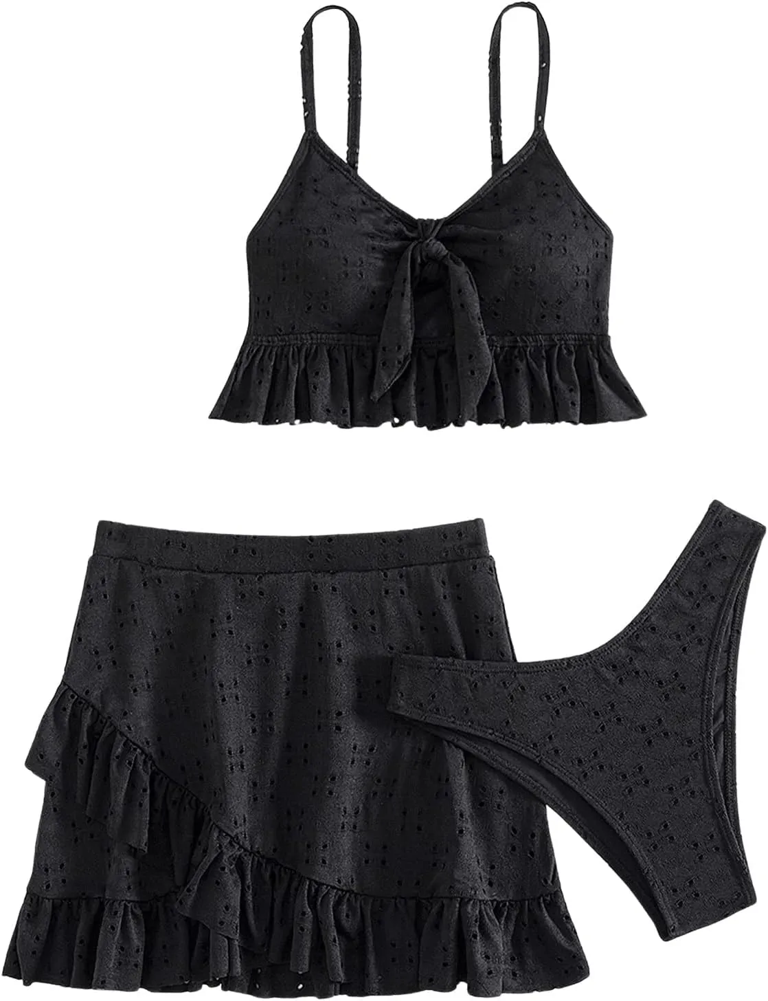 SweatyRocks Women's 3 Piece Bathing Suit Tie Front Ruffle Hem High Cut Bikini Tankini with Beach Skirt