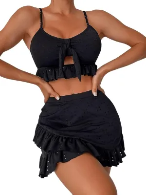 SweatyRocks Women's 3 Piece Bathing Suit Tie Front Ruffle Hem High Cut Bikini Tankini with Beach Skirt