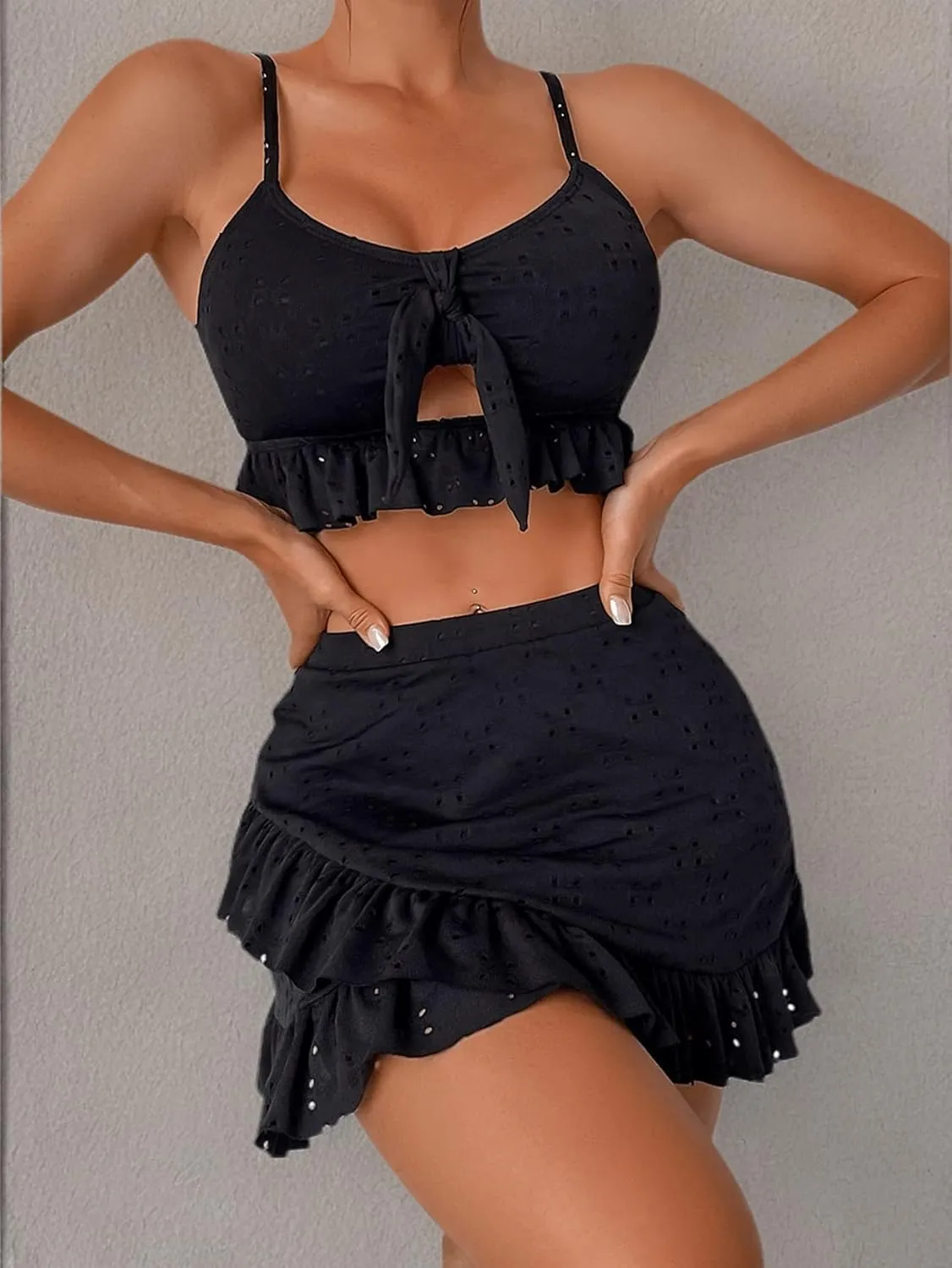 SweatyRocks Women's 3 Piece Bathing Suit Tie Front Ruffle Hem High Cut Bikini Tankini with Beach Skirt