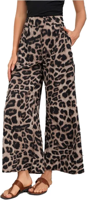 SweatyRocks Women's Leopard Print High Waisted Wide Leg Pants Casual Long Trousers