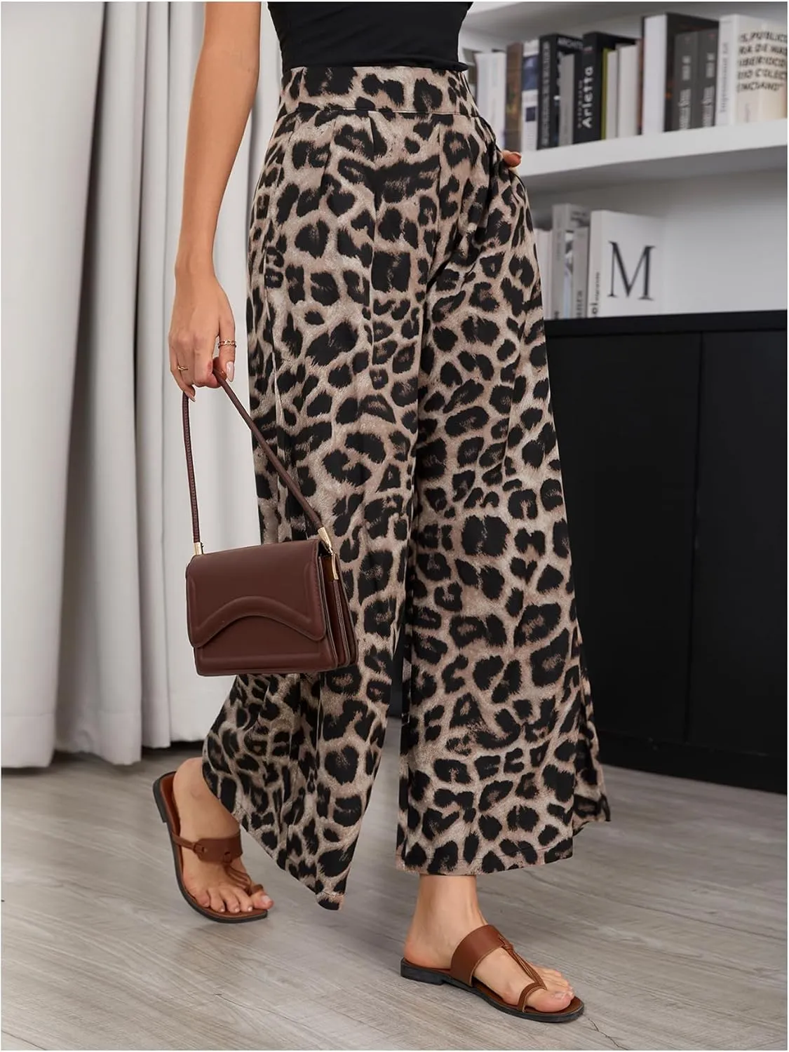 SweatyRocks Women's Leopard Print High Waisted Wide Leg Pants Casual Long Trousers