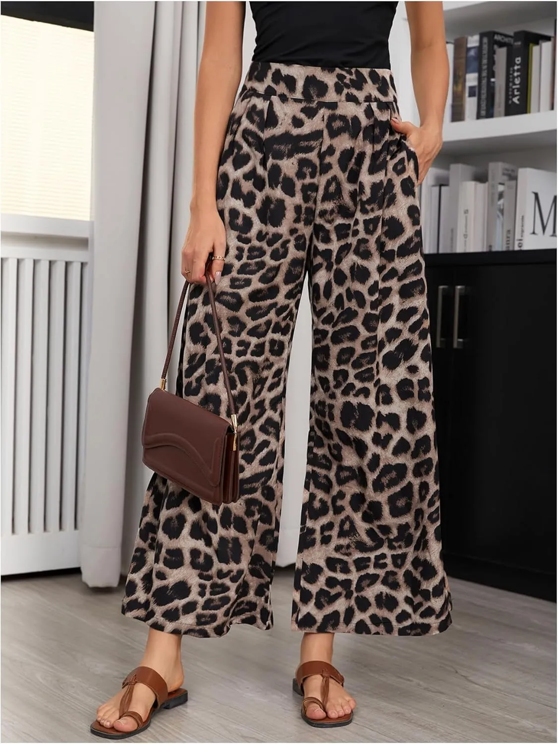 SweatyRocks Women's Leopard Print High Waisted Wide Leg Pants Casual Long Trousers