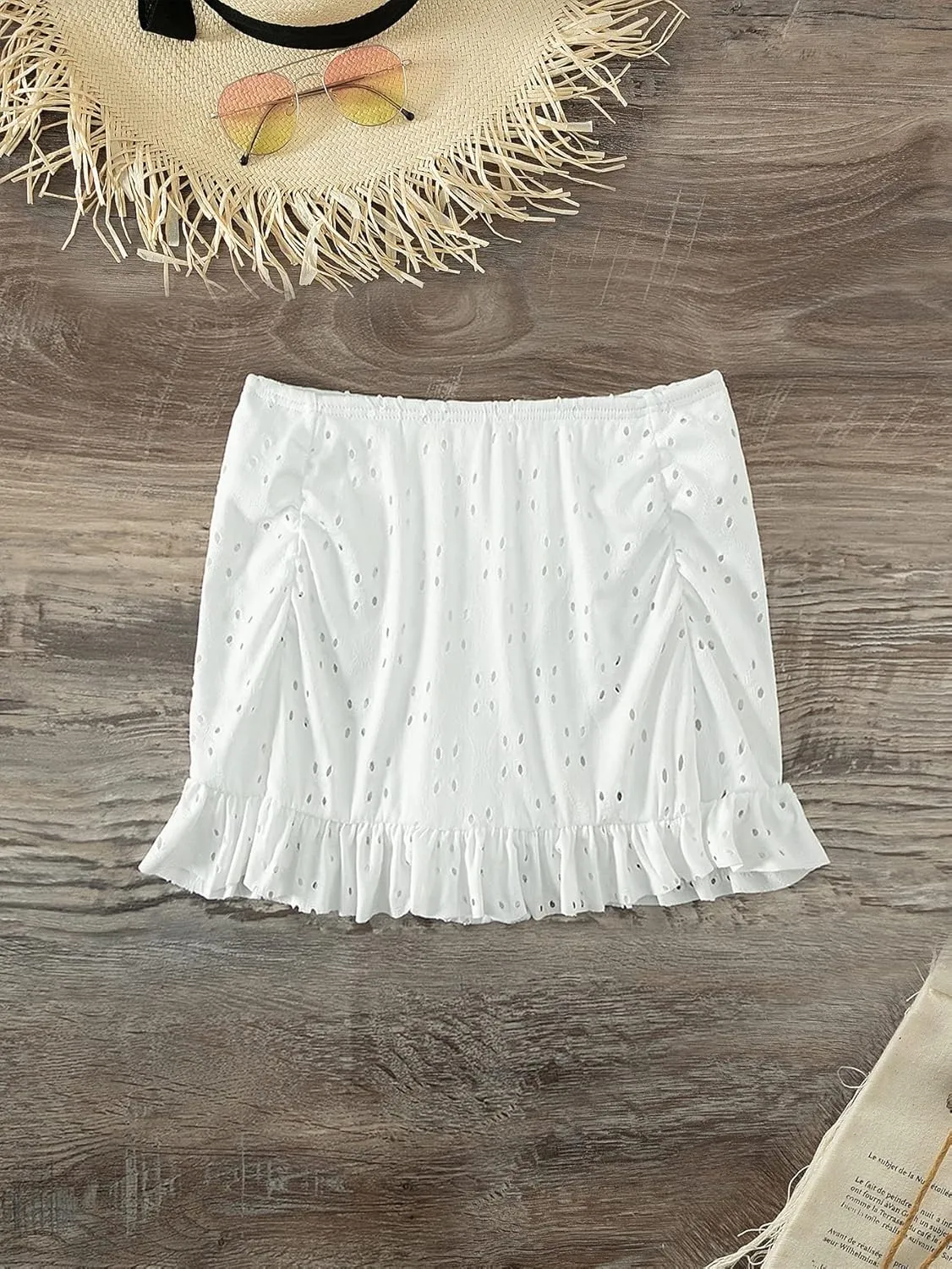 SweatyRocks Women's Swimwear Eyelet Embroidered Ruffle Hem Low Rise Bikini Bottom Skort