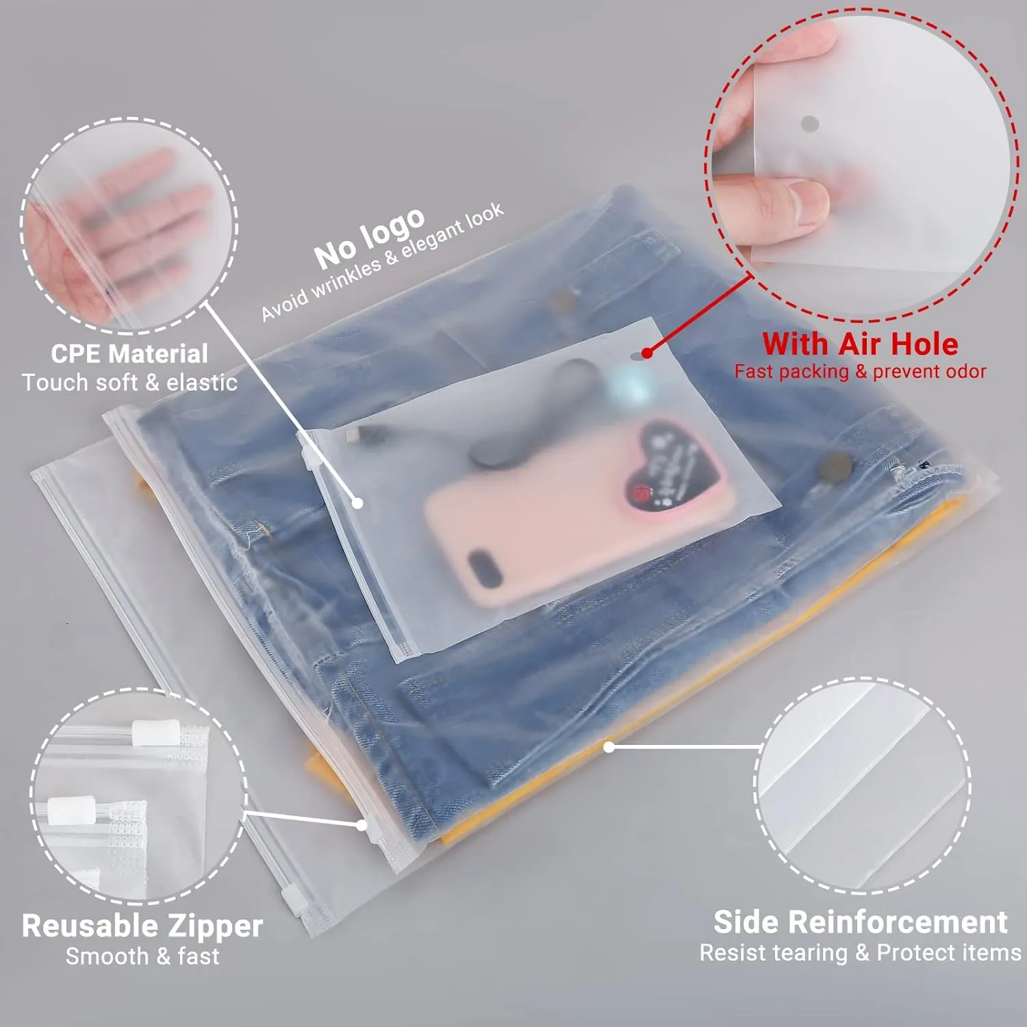 T-Shirt Bags, 100PCS 9x12 inch Frosted Zipper Packaging Bags for Clothing, Resealable Poly Plastic Apparel Merchandise Zip Bags for Shipping Clothes Shirt Jeans, with Vent Hole, 3 Mil