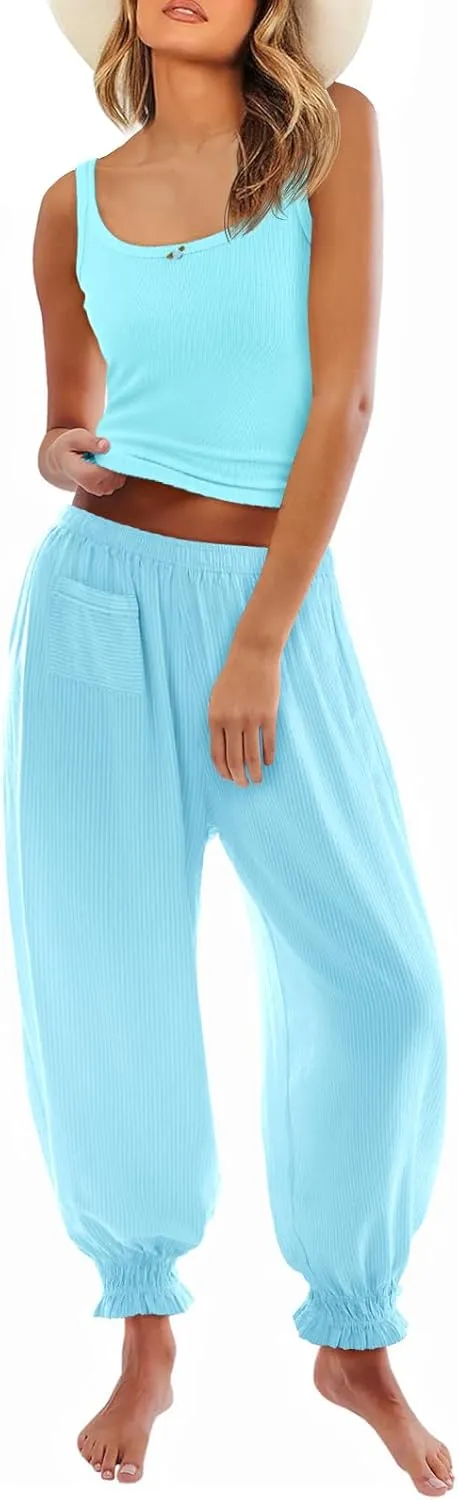 Tankaneo Womens 2 Piece Sets Summer Outfits Sleeveless Rib Tank Top Striped Wide Leg Smocked Harem Pants Lounge Set
