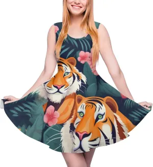 Tiger Floral Flower Women's Dress Round Neck Dress Sleeveless Tank Dress Ruffle Hem Mini Dresses 5XL