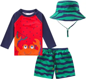 Toddlers and Baby Boys' 3-Piece Swimsuit Trunk and Rashguard Sun Hat Set