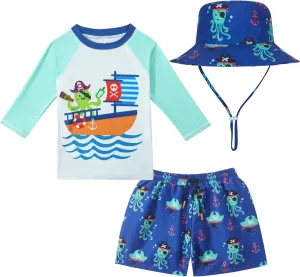 Toddlers and Baby Boys' 3-Piece Swimsuit Trunk and Rashguard Sun Hat Set