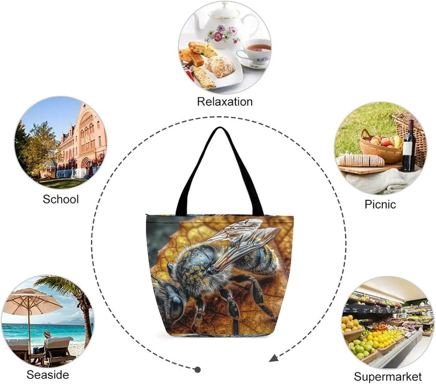 Tote Bag for Women Grocery Bag Bee Pattern Foldable Shopping Bags Reusable Large Tote Bag
