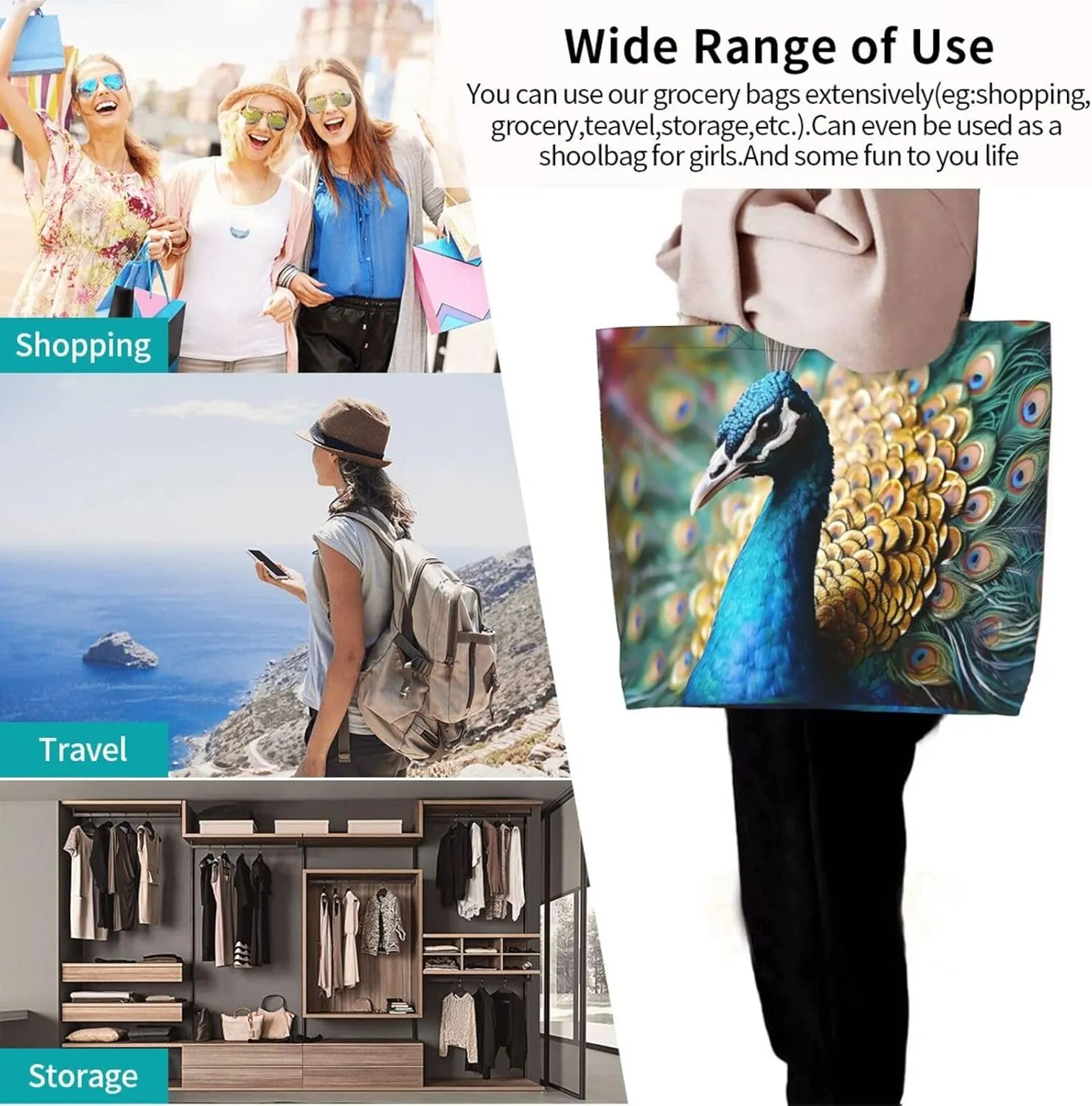 Tote Bag for Women Grocery Bag Reusable Shopping Bag Bird resting on branch Handbag Foldable Shoulder Bag