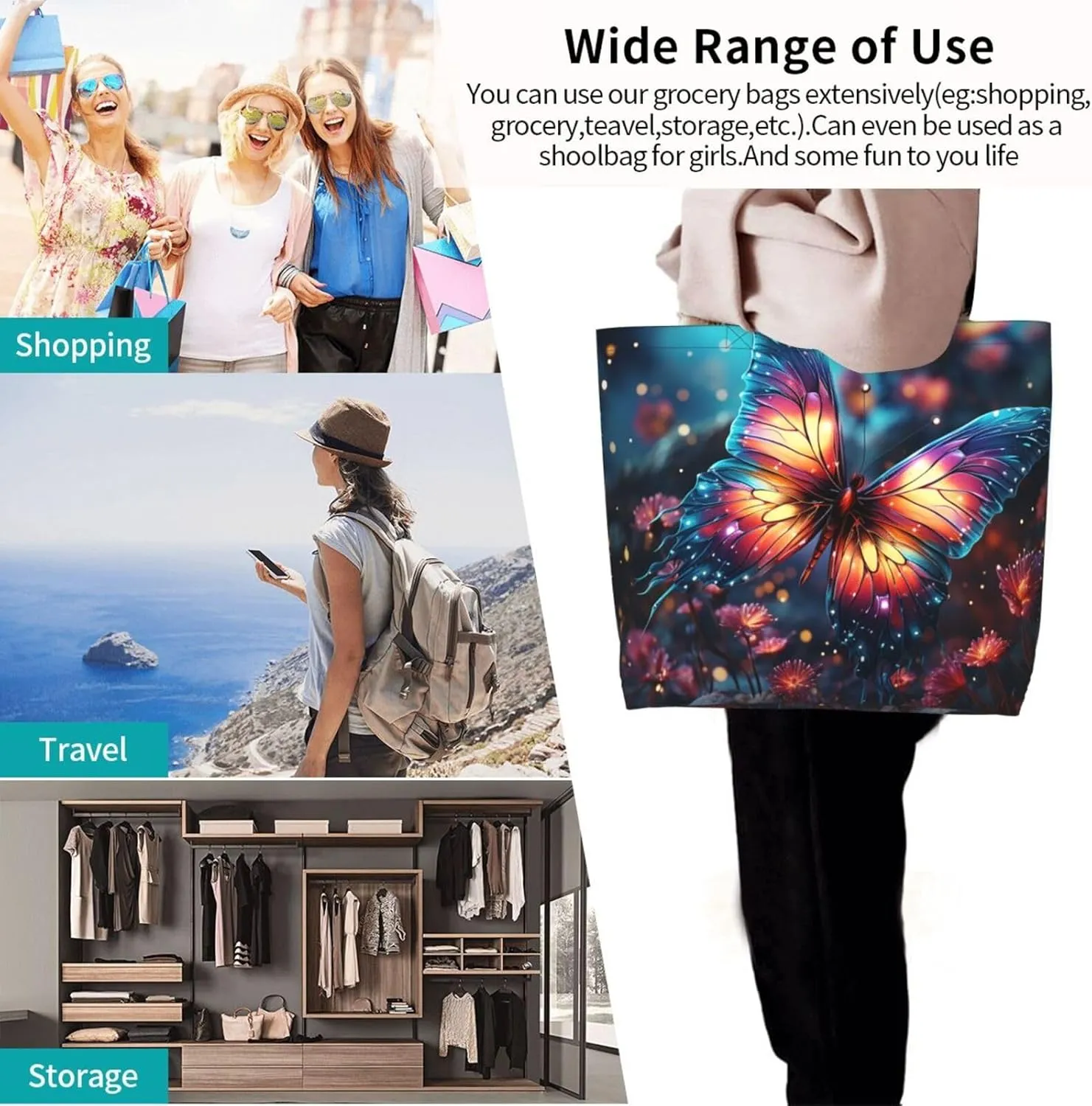 Tote Bag for Women Grocery Bag Reusable Shopping Bag Cartoon Dinosaur Images Handbag Foldable Shoulder Bag