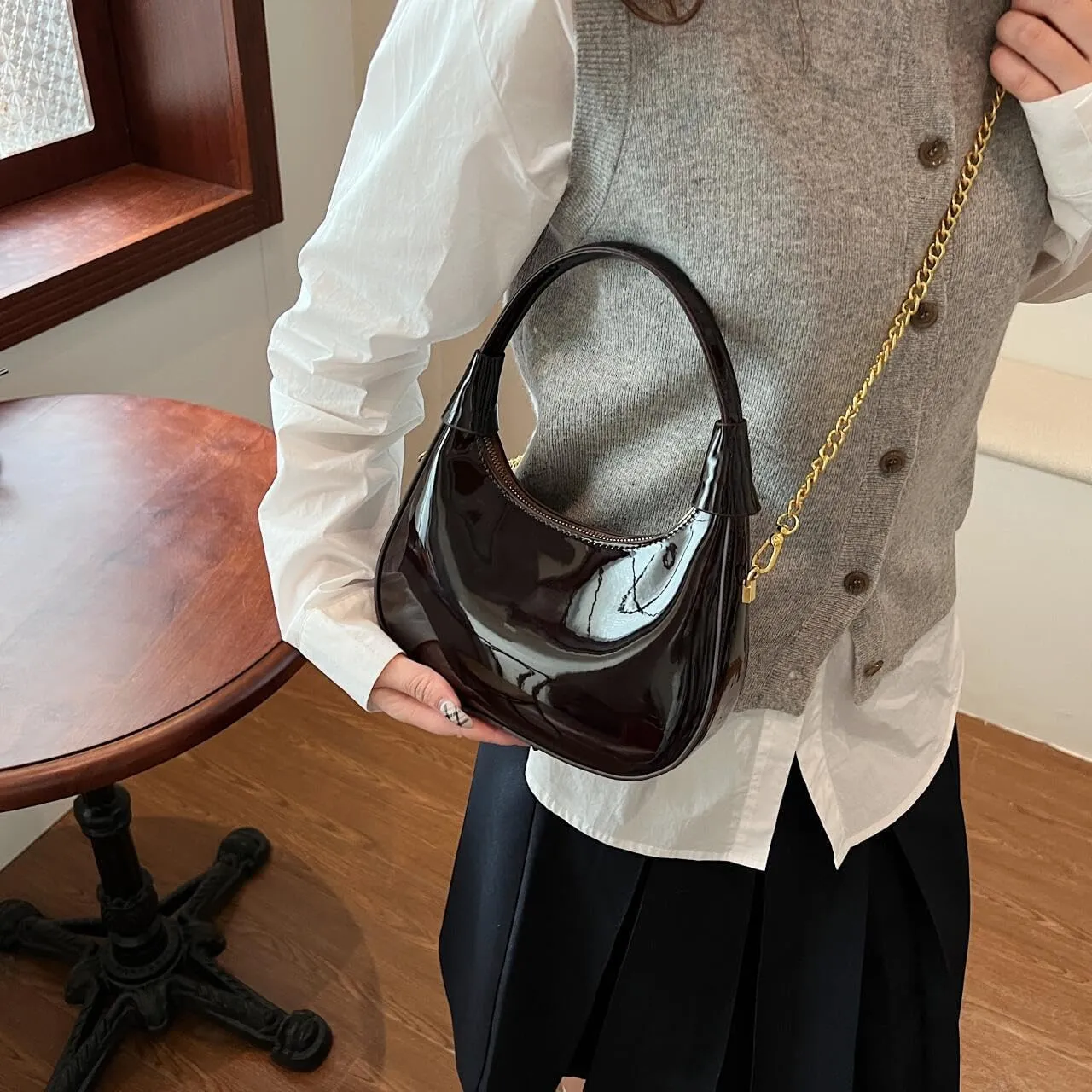 Trendy Patent Leather Hobos Handbag Purse for Women Shoulder Crossbody Bag Retro Totes with Removable Strap