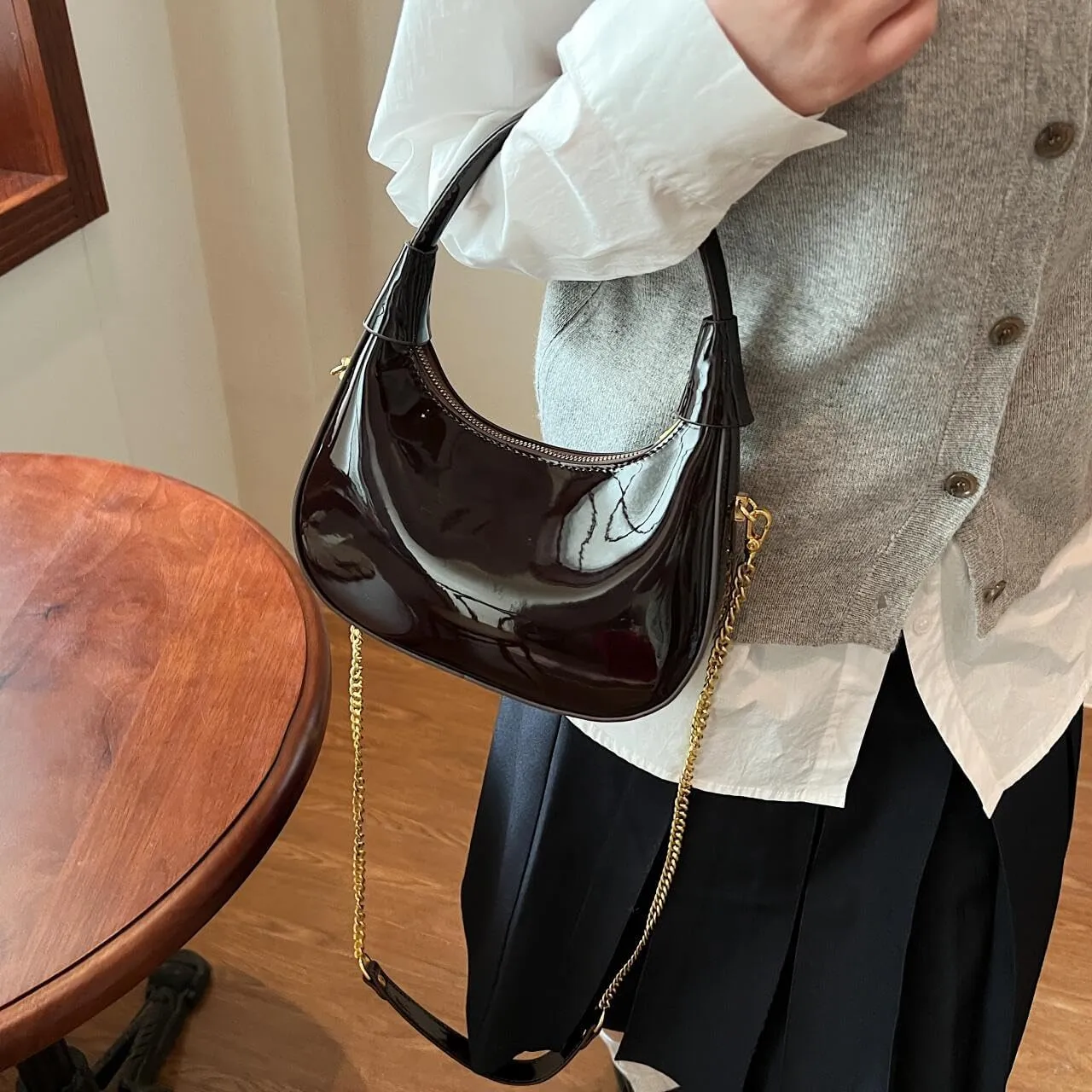 Trendy Patent Leather Hobos Handbag Purse for Women Shoulder Crossbody Bag Retro Totes with Removable Strap