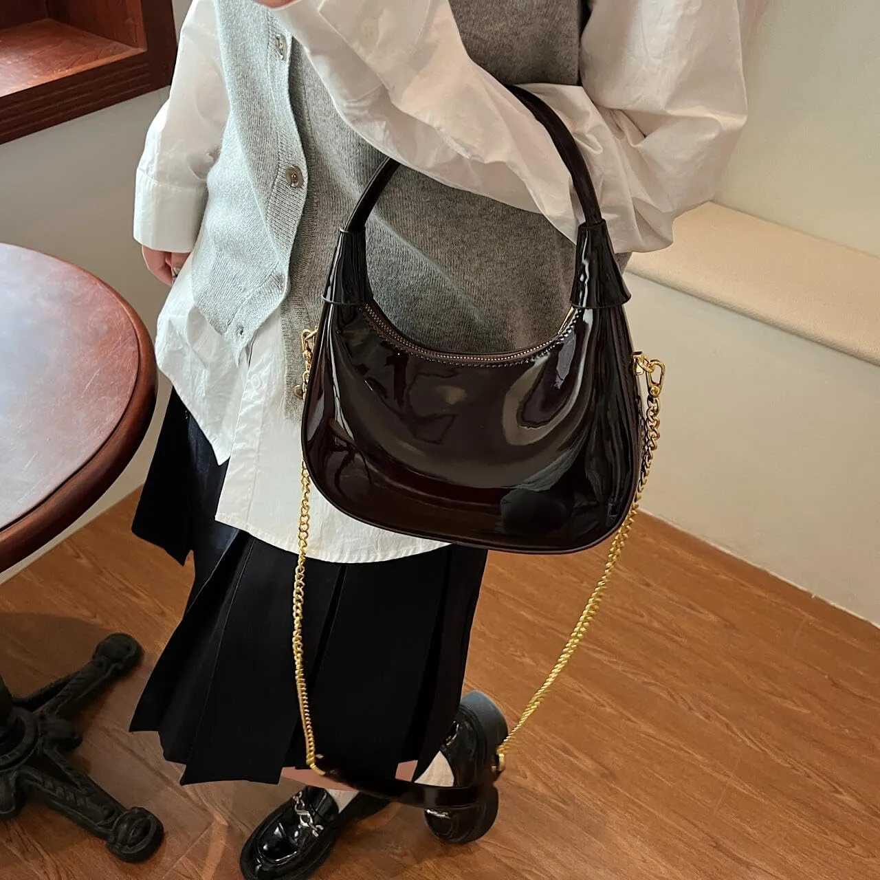 Trendy Patent Leather Hobos Handbag Purse for Women Shoulder Crossbody Bag Retro Totes with Removable Strap