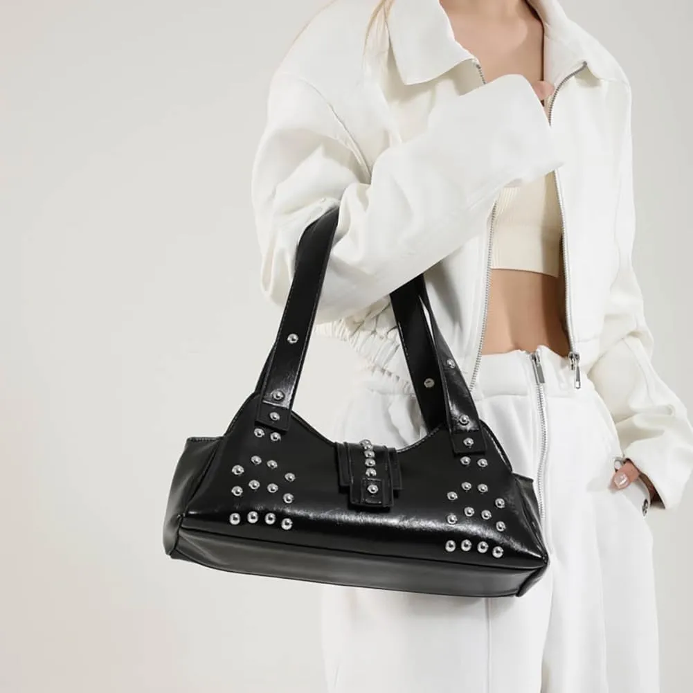 Trendy Vegan Leather Shoulder Bags For Women Studded Hobo Bag For Travel Womens Y2K Underarm Purse Small Punk Tote Handbag