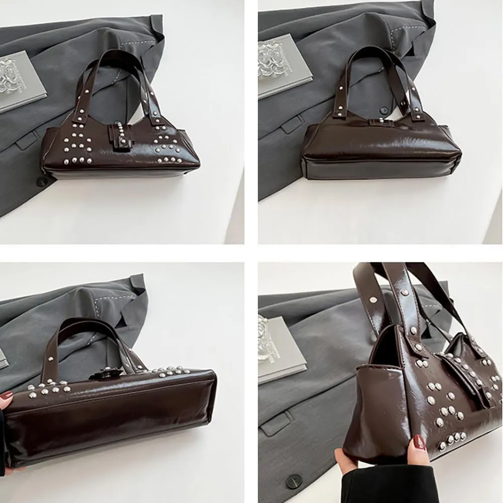 Trendy Vegan Leather Shoulder Bags For Women Studded Hobo Bag For Travel Womens Y2K Underarm Purse Small Punk Tote Handbag