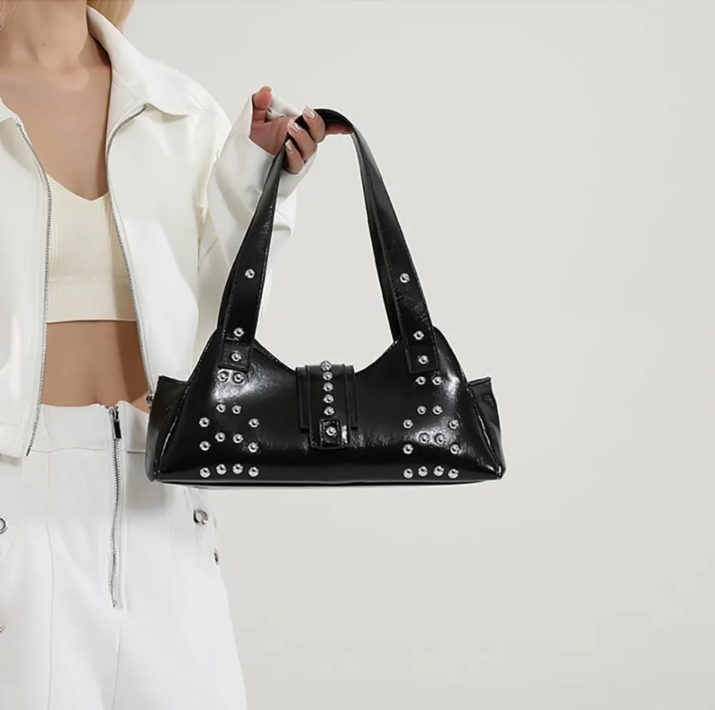 Trendy Vegan Leather Shoulder Bags For Women Studded Hobo Bag For Travel Womens Y2K Underarm Purse Small Punk Tote Handbag
