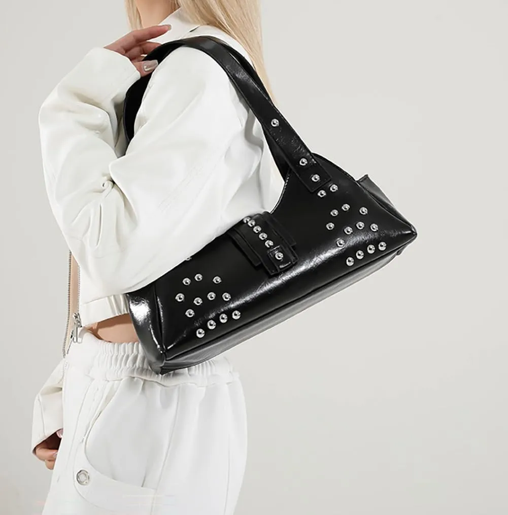 Trendy Vegan Leather Shoulder Bags For Women Studded Hobo Bag For Travel Womens Y2K Underarm Purse Small Punk Tote Handbag