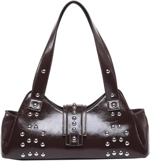 Trendy Vegan Leather Shoulder Bags For Women Studded Hobo Bag For Travel Womens Y2K Underarm Purse Small Punk Tote Handbag